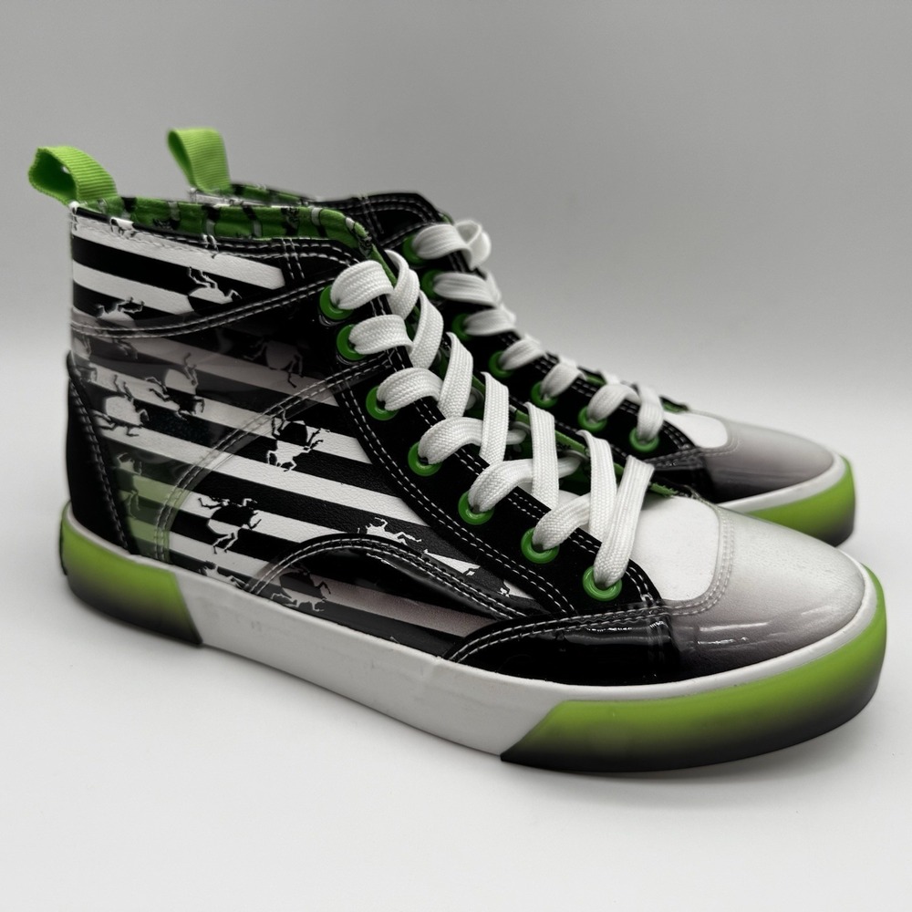 Ground Up BeetleJuice High Top Sneakers Womens Size 6.5 Black White Green Stripe
